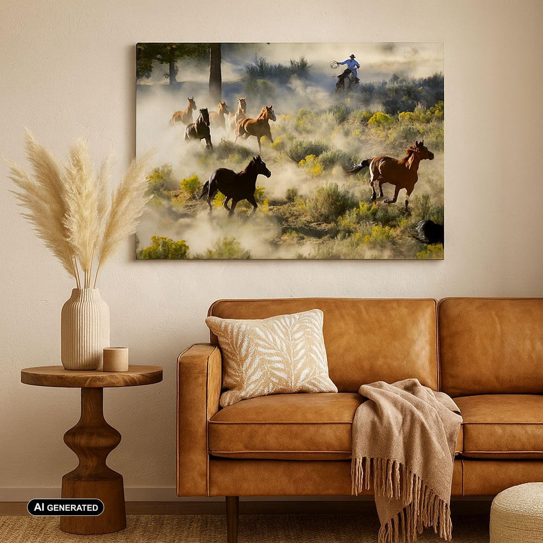 ARTTOR Bilder auf Leinwand 100x70cm Leinwandbild Cowboy Cowgirl Pferd Gross Wanddeko Bild Schlafzimm