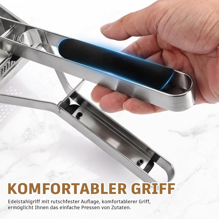 Kartoffelpresse Edelstahl mit Silikongriff, Schäler, Reinigungsbürste und Schaber, Robust - Spätzlep