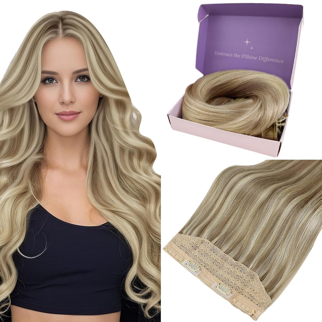 Fshine Draht on Extension Echthaar Hairpiece 40CM Highlight Goldblond Mit Hellblond 80 Gramm Fish Li