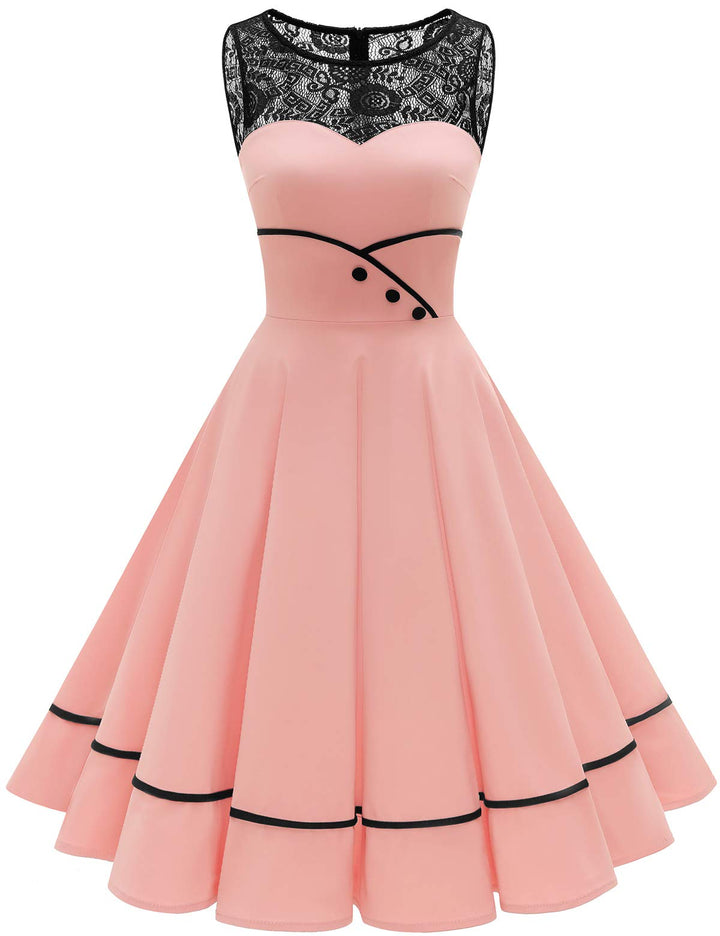 Bbonlinedress Damen Cocktailkleid Rockabilly Spitzenkleid 50er Retro Vintage Faltenrock Elegant Ärme