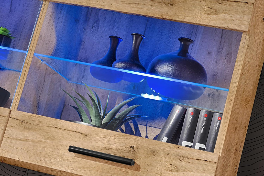 Komodee, Vitrine Schrank Savona, Wotan/Wotan, Breite 100cm x Höhe 50cm x Tiefe 30cm, Blaue LEDs, 2 G