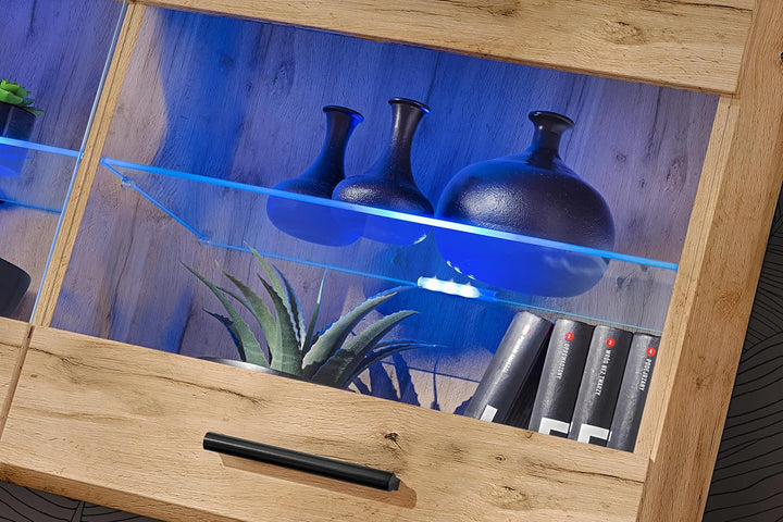 Komodee, Vitrine Schrank Savona, Wotan/Wotan, Breite 100cm x Höhe 50cm x Tiefe 30cm, Blaue LEDs, 2 G