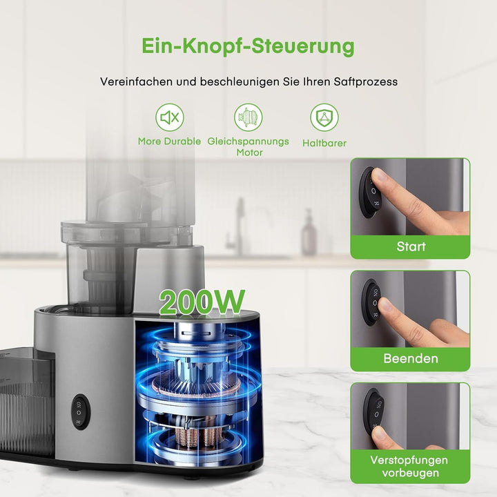 FOHERE Slow Juicer Entsafter Gemüse und Obst 119MM Öffnun Elektrische Kaltpresse mit Ruhigem 200 Wat