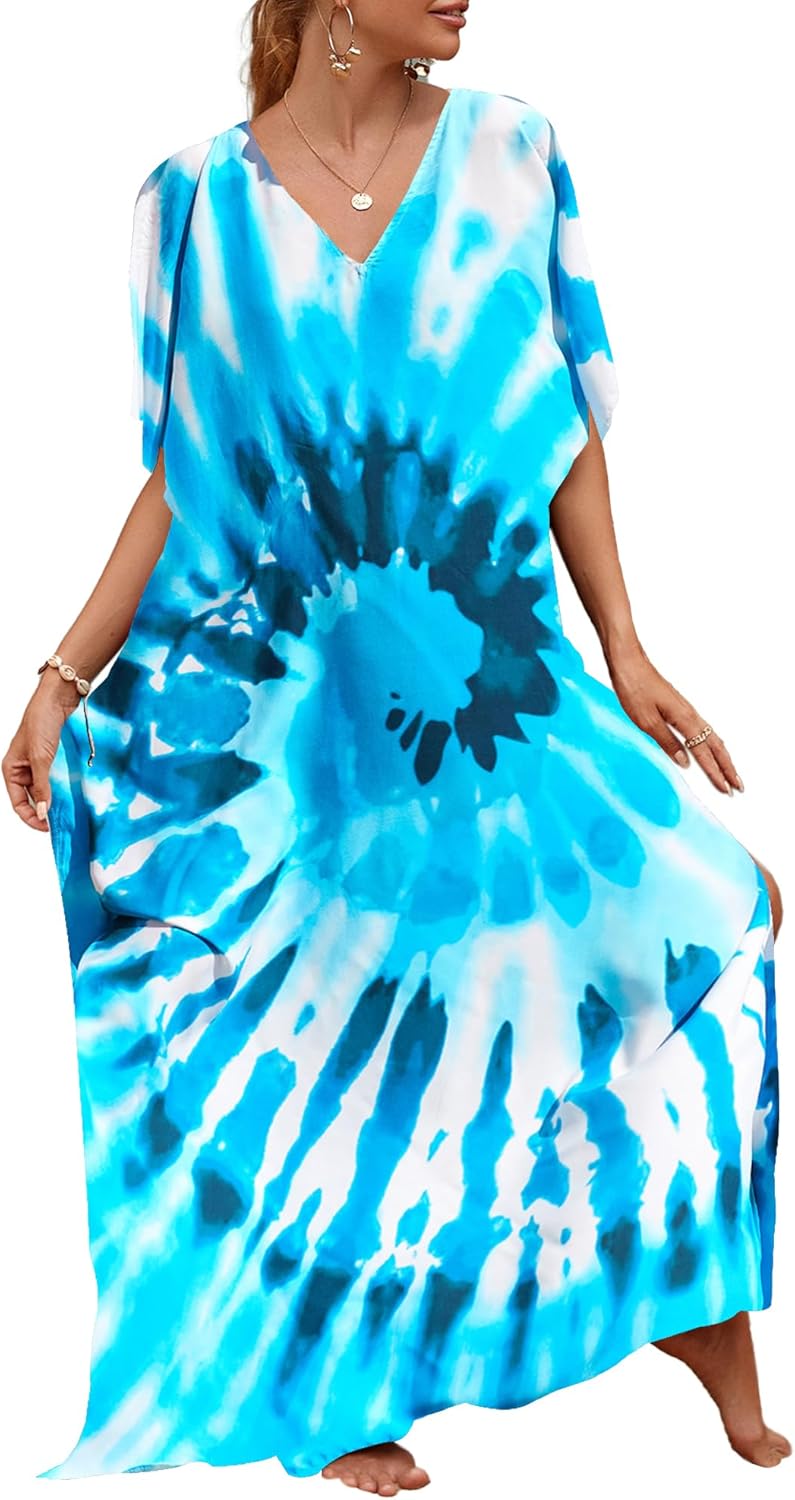 Bsubseach Lose Kaftan Kleider für Frauen Kurzarm Badeanzug Cover Up Casual Urlaub Outfits Blaue Wirb