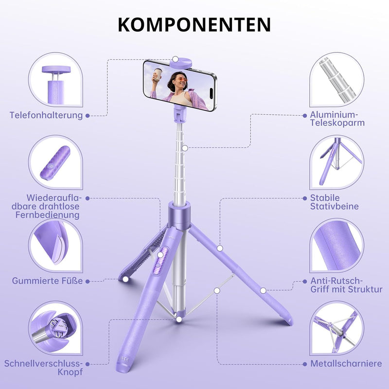 ATUMTEK Selfie-Stick,Einbeinstativ, Bluetooth, 3-in-1, ausziehbar 150CM, 360 ° drehbar, Detachable R