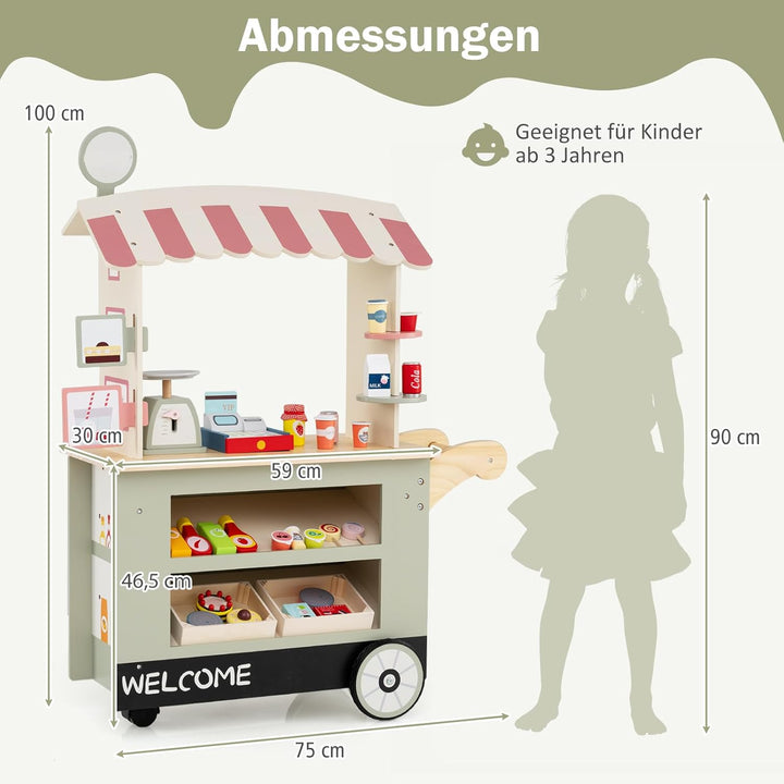 COSTWAY Kaufladen Kinder, Kaufmannsladen Holz mit 2 Ablagen, Schiebegriff & Zubehör, Einkaufsladen a