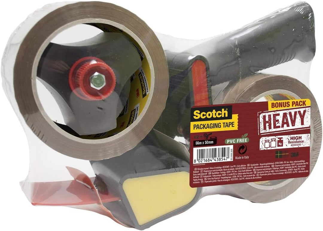 3M Scotch Abroller für Paketklebeband + 2 Rollen Scotch Hochwertiges Klebeband, 50 mm x 66 m, Braun