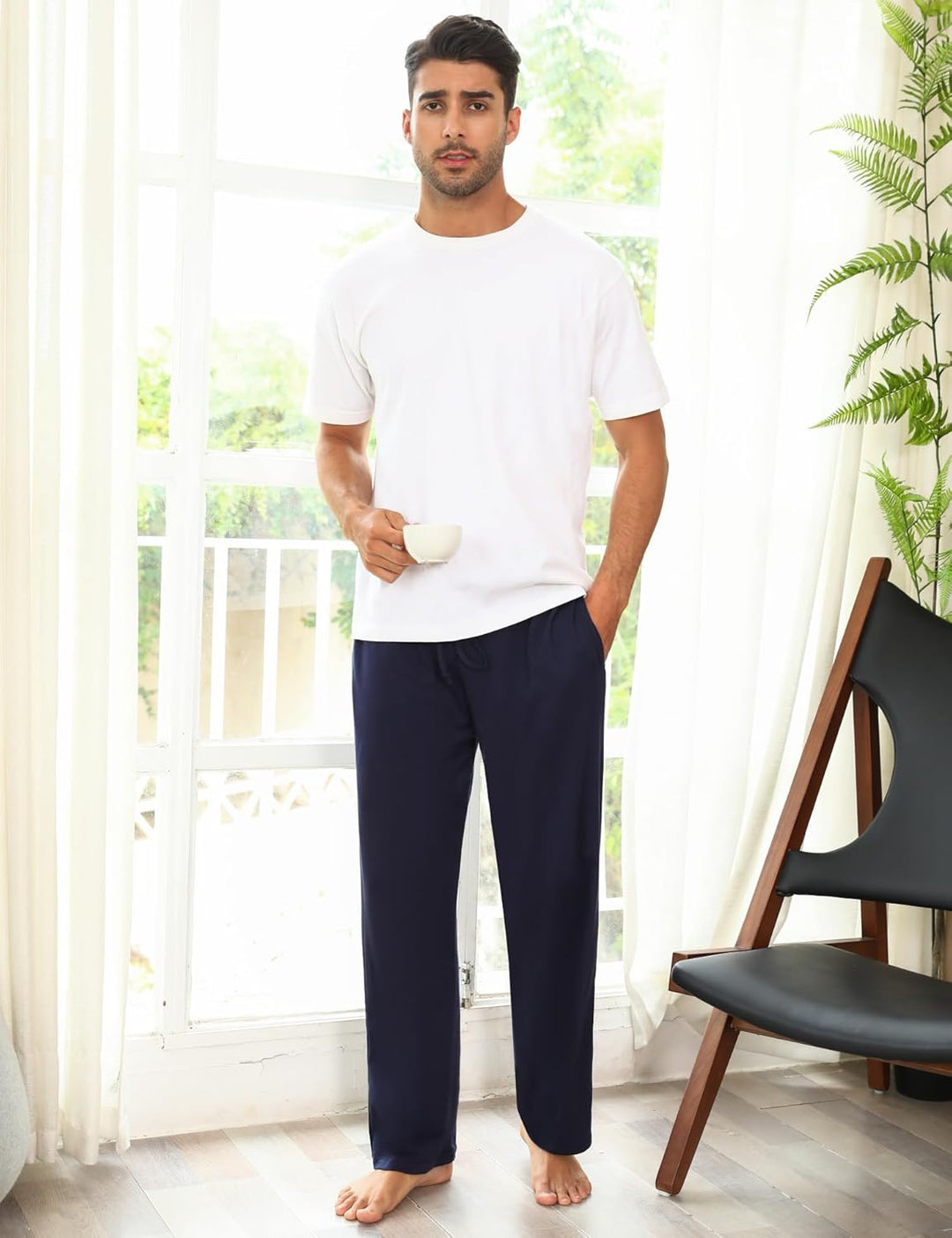 Marvmys 100% Baumwolle Herren Lange Schlafanzughose Einfarbige Pyjamahose Schlafhose Haushose Freize