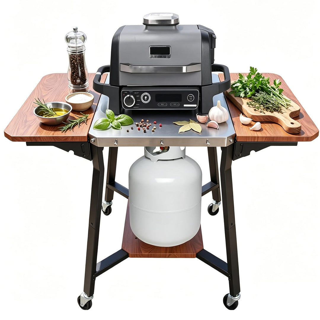 GFTIME Grillwagen mit Edelstahl-Arbeitsplatte, BBQ Wagen mit 2 klappbaren Seitenablagen, Gasflaschen