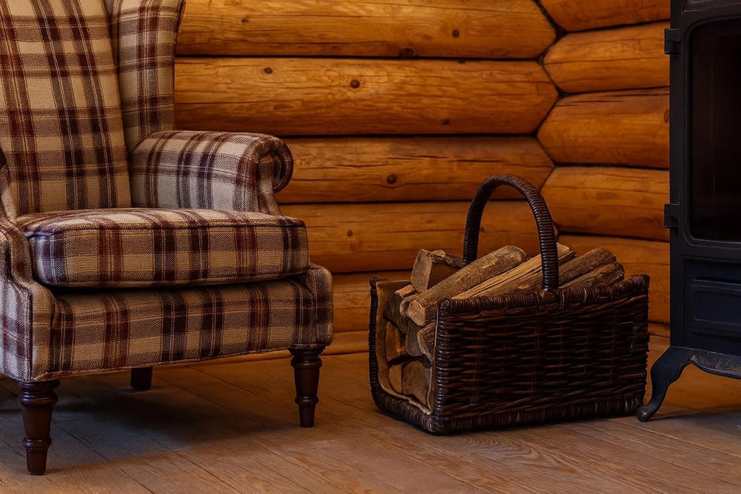 Kobolo Holztrage Holzkorb für Kaminholz - eckig aus Rattan-Krabu mit Jutefutter ausgestattet Braun
