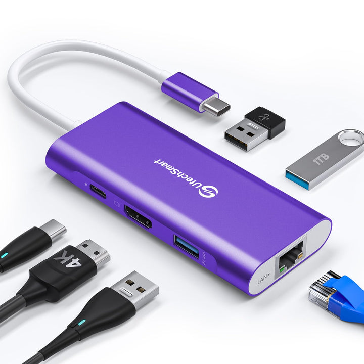 USB C Hub, UtechSmart 6 in 1 USB C zu HDMI Adapter mit 1000M Ethernet, PD 100W Ladeanschluss, 3 USB