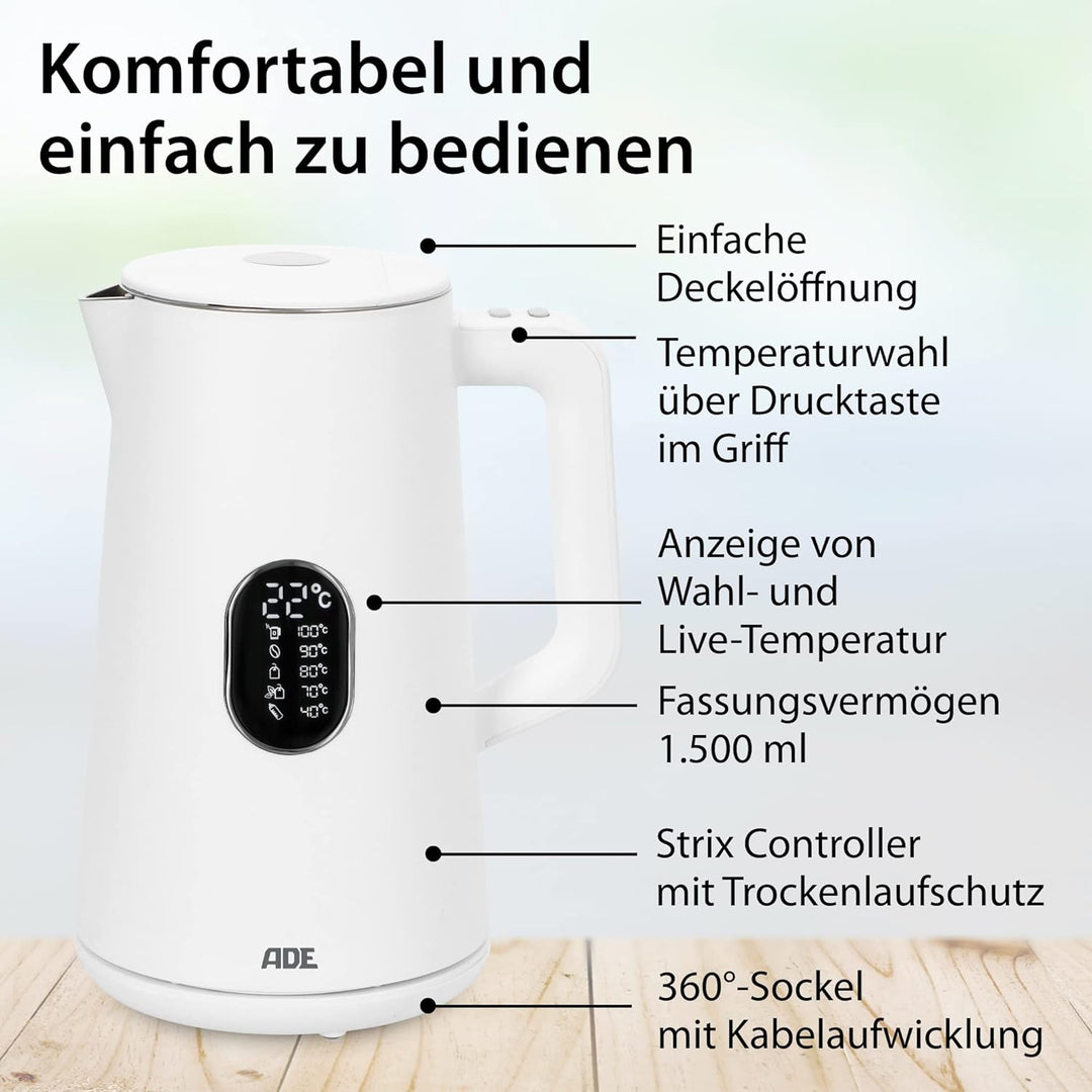 ADE Energiesparender Wasserkocher mit Temperatureinstellung 40-100°C | 1,5 l | Edelstahl | BPA-frei