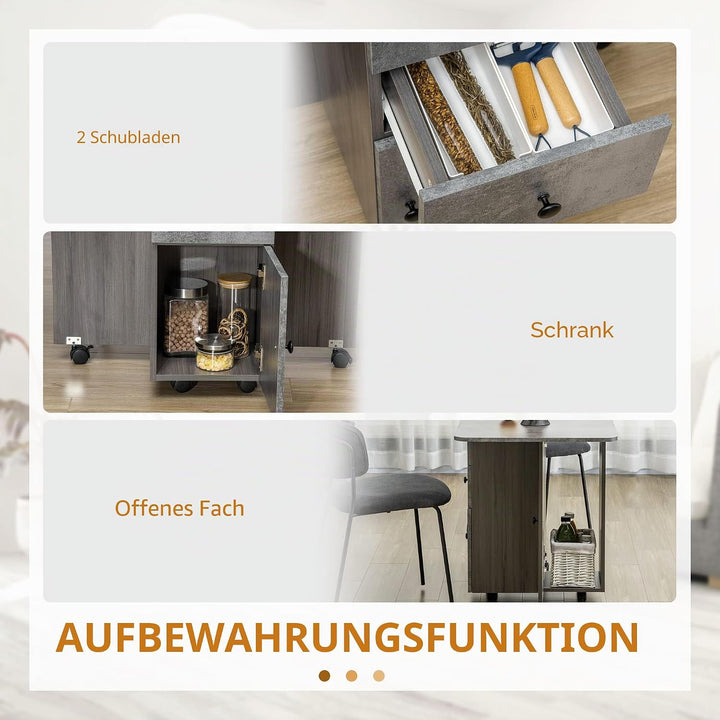 HOMCOM Klappbarer Küchentisch Klappbarer Esstisch 2 klappbare Platten mit 2 Schubladen 1 Schrank und