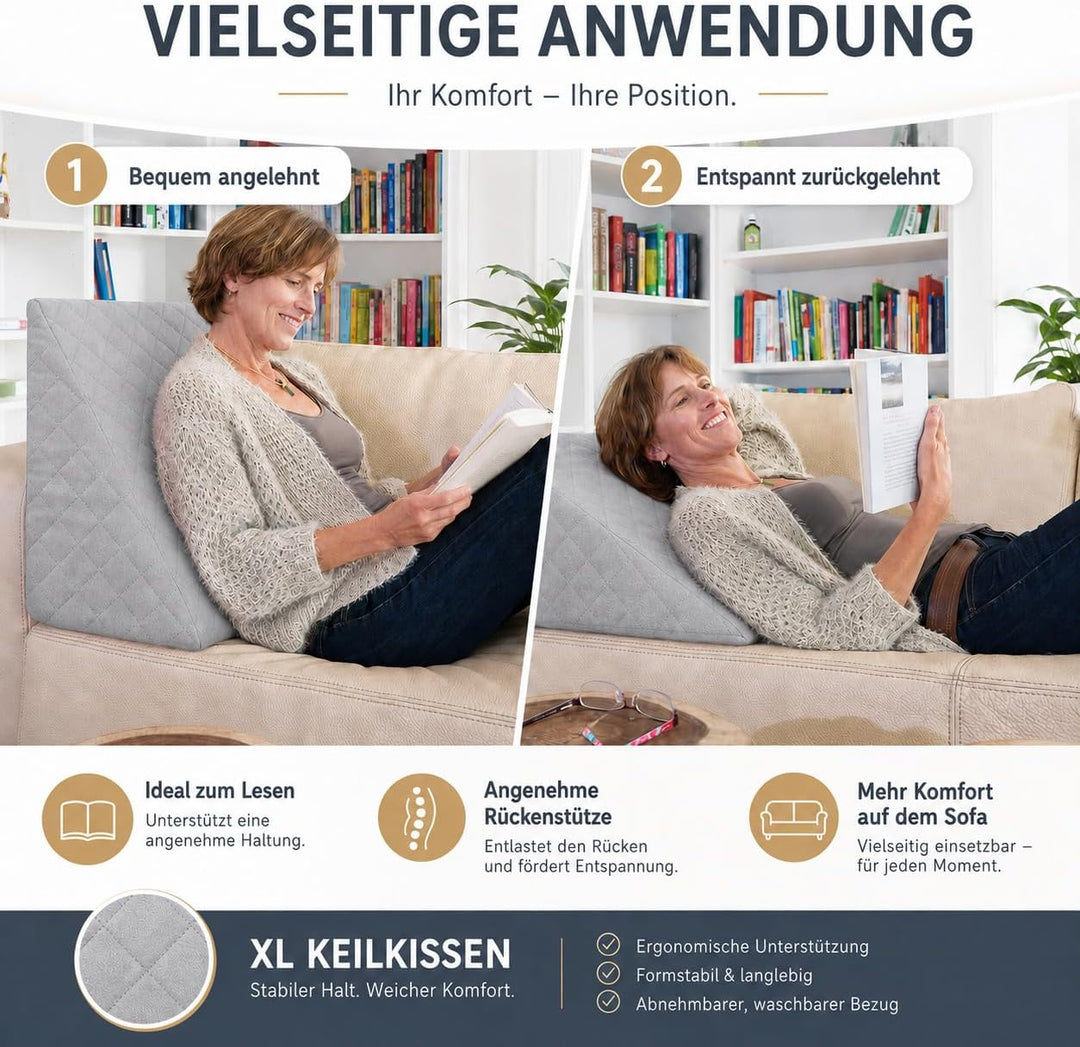 Sabeatex® Rückenkissen, Keilkissen für Couch und Sofa, Lesekissen für bequemes Sitzen. 5 Unifarben f
