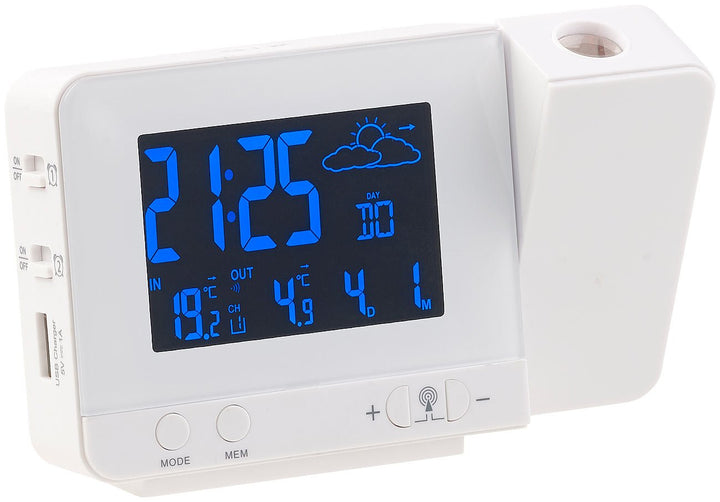 infactory Uhr mit Projektion: Funk-Wetterstation mit Projektions-Wecker, Aussensensor und USB, weiss