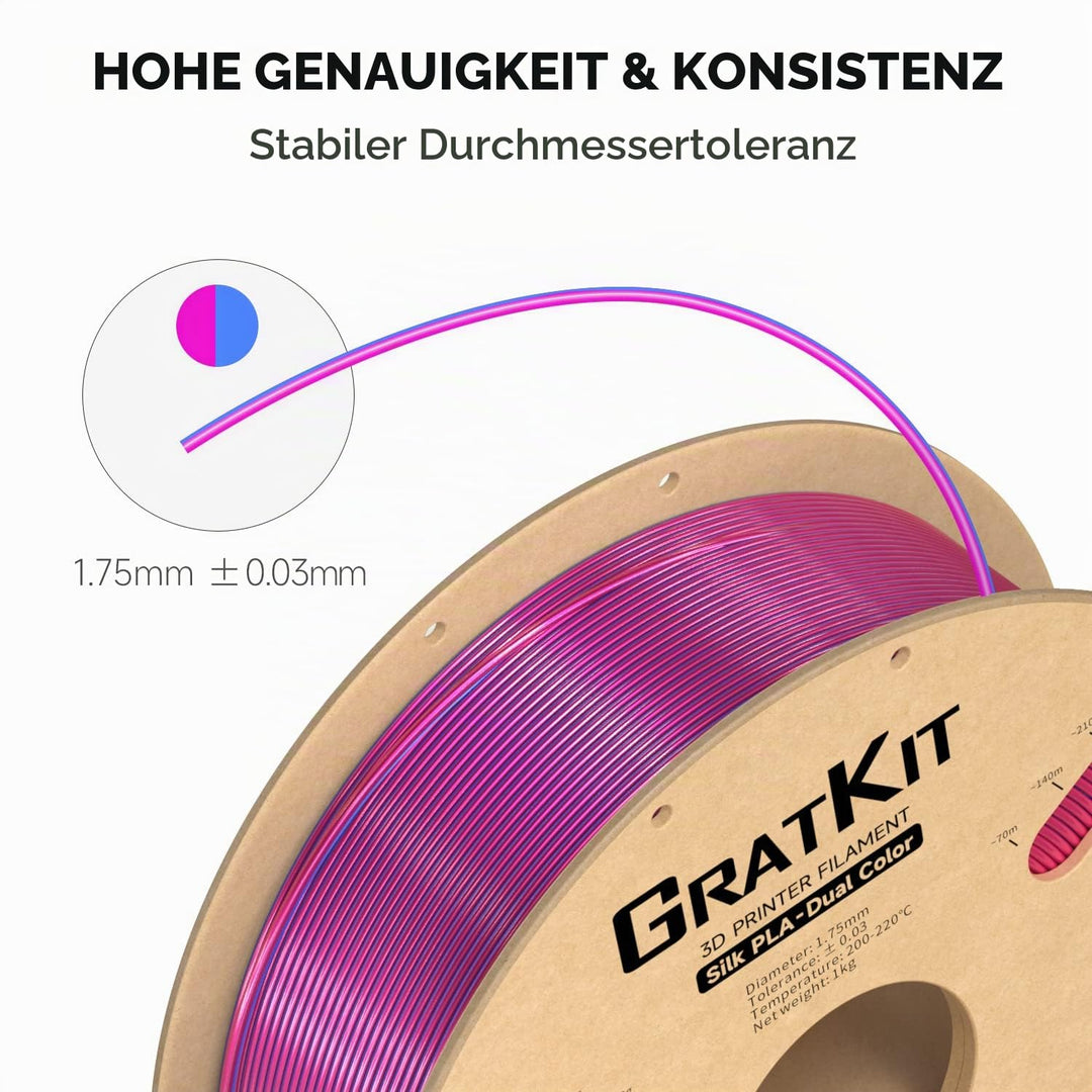 GratKit Dual Zweifarbig Seide PLA Filament 1.75mm, -0.03mm, Coextrusion PLA Filament, 3D Drucker Fil