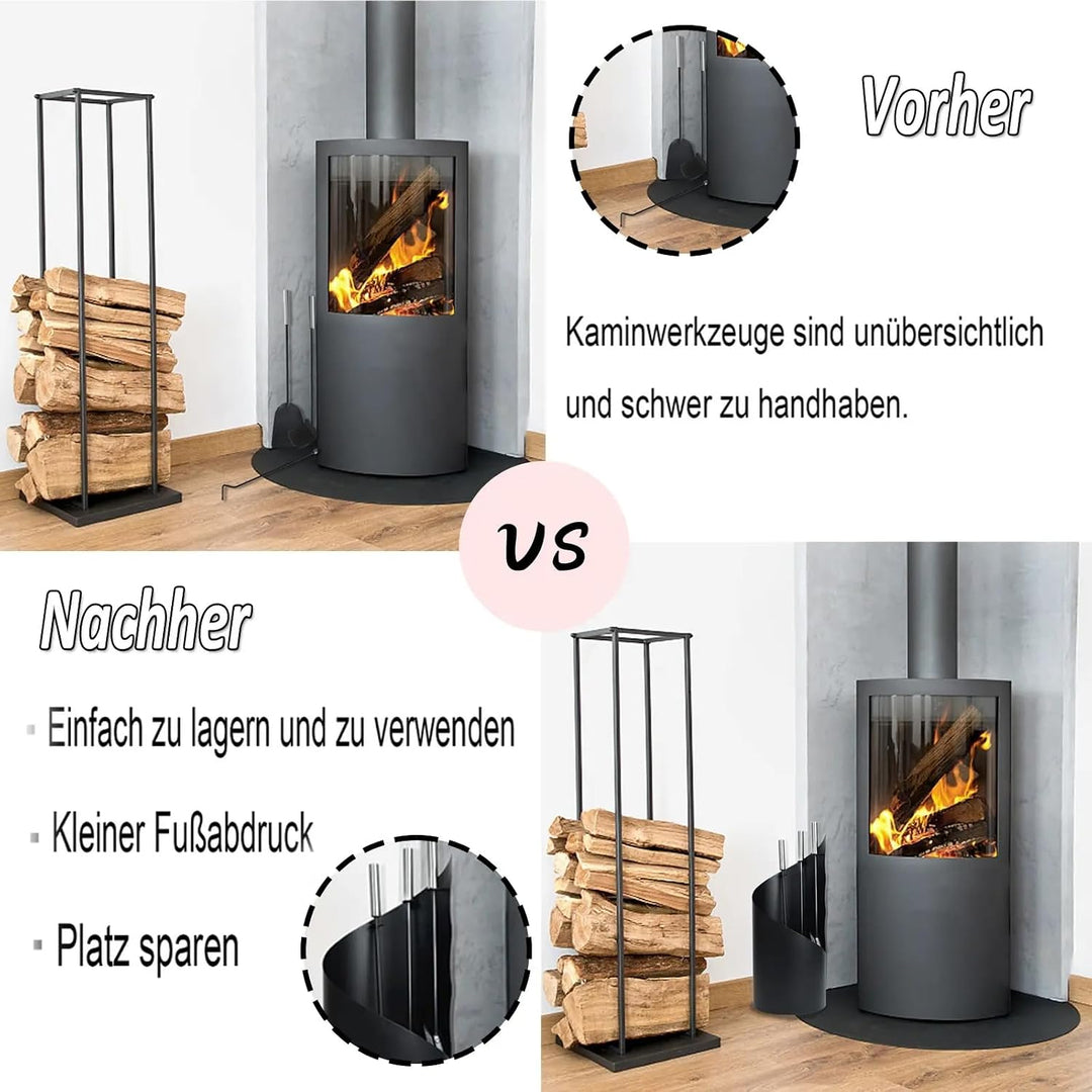 Kaminbesteck Schwarz 4-TLG. Edelstahl Kamingarnitur mit Ständer, Ascheschaufel, Besen &amp; Schürhaken –