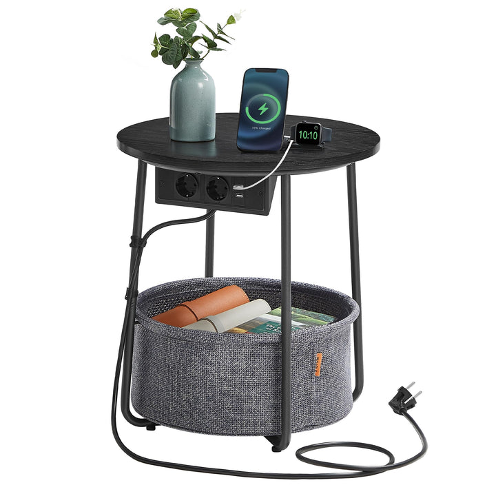 VASAGLE Beistelltisch rund, Kleiner Tisch, Couchtisch mit Steckdose, Wohnzimmertisch, Korb aus Stoff