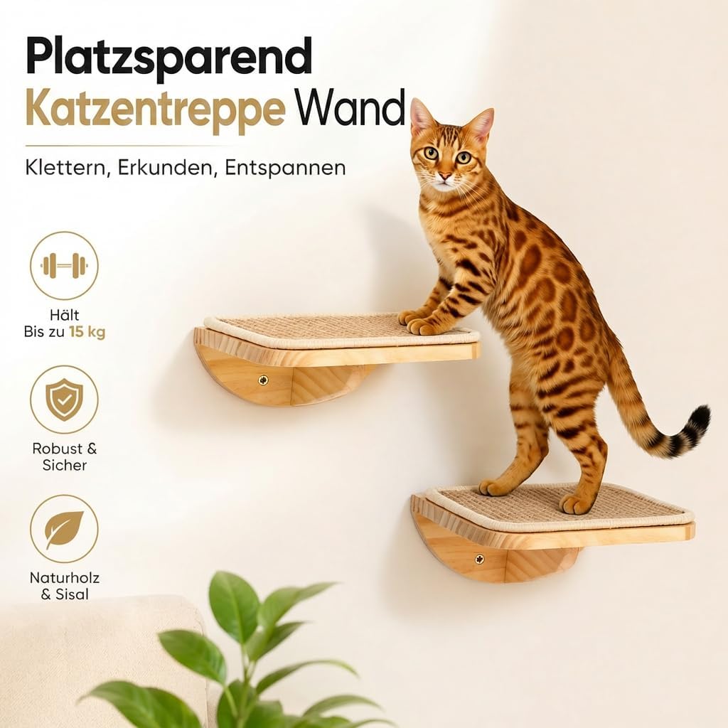 Katzen Kletterwand, Katzenleiter 2er-Set mit Kratzmatte, Wandmontiertes Kiefernholz Katzentreppe Wan