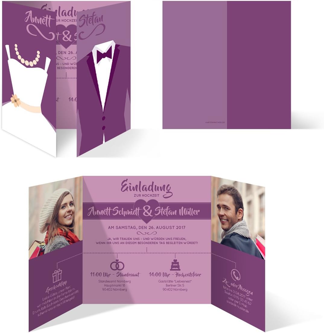 Hochzeitseinladungen (30 Stück) - Braut und Bräutigam Altarfalz - Hochzeitskarten in Lila