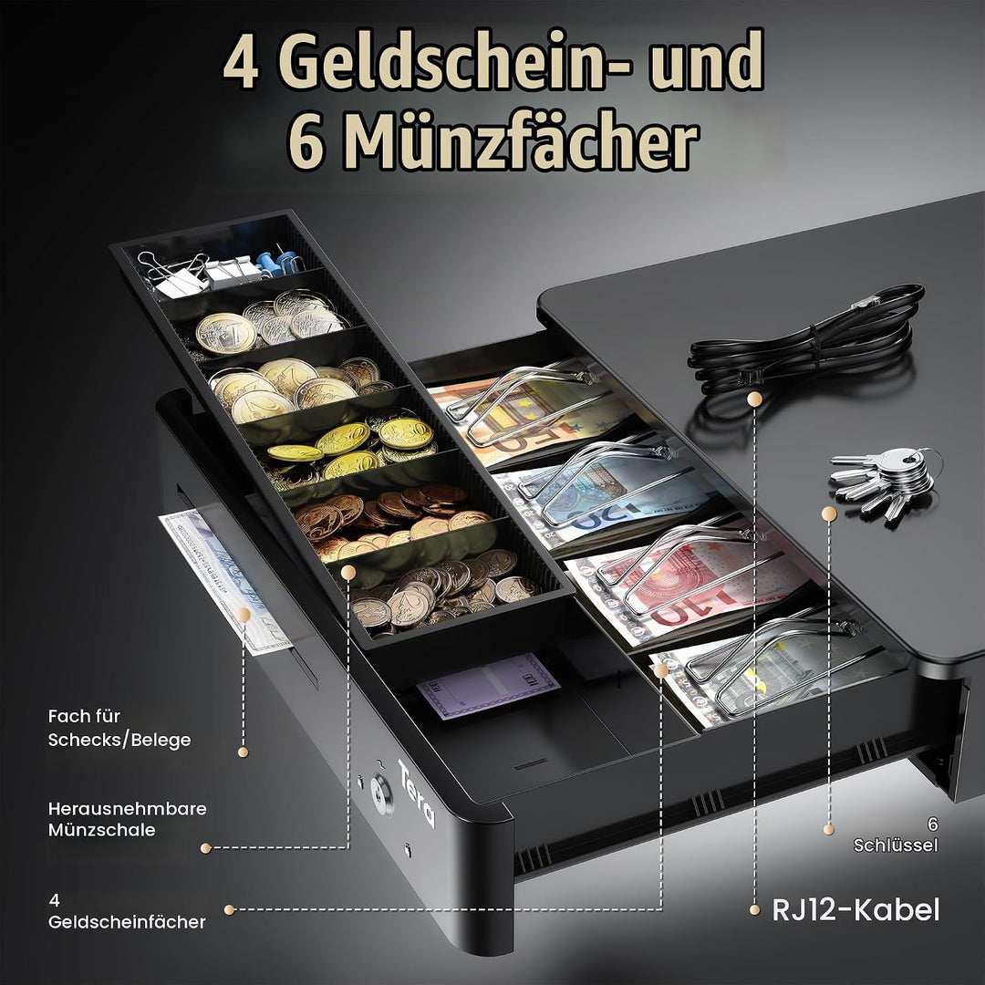 Tera Elektronische Kassenschublade mit 1 Herausnehmbarem Münzfach, geldscheine Geldlade touch, 4 Gel