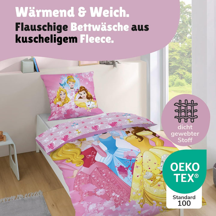 Warme Prinzessinnen Winter Bettwäsche · Rosa Fleece Mädchenbettwäsche 135x200 80x80 cm · 2-TLG. Kind