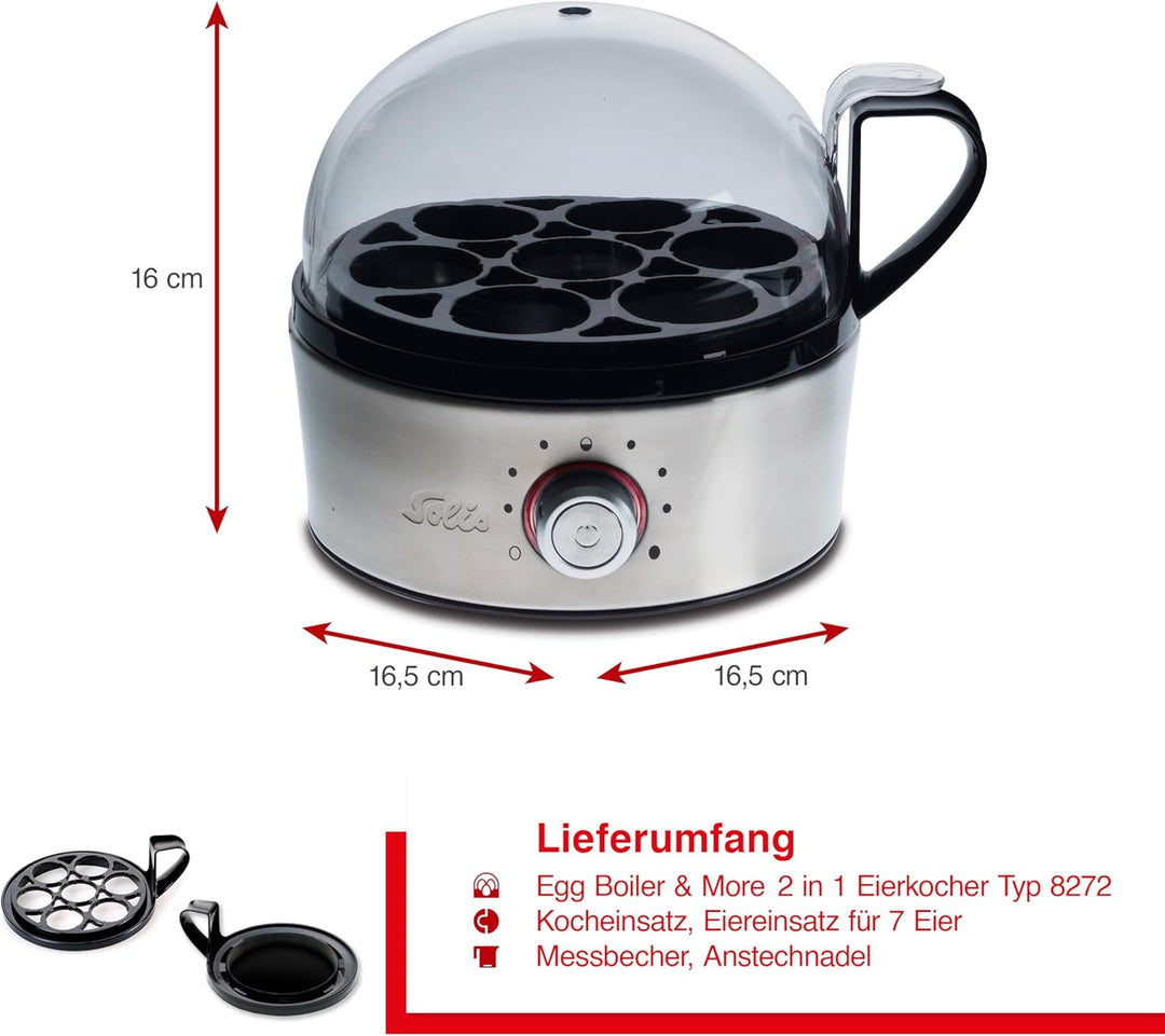 Solis Egg Boiler & More 8272 – Multifunktionaler Eierkocher & Dampfgarer aus Edelstahl, für bis zu 7