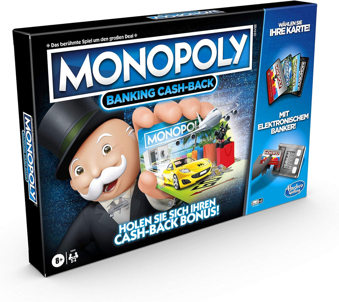 Hasbro Banking Cash-Back Brettspiel; elektronischer Kartenleser; Cash-Back Bonus; bargeldloses Zahle