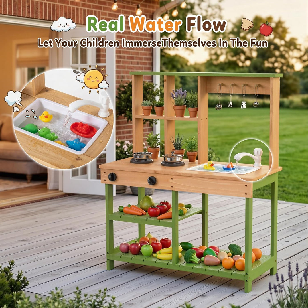 BRINJOY Matschküche Kinder Outdoor, Spielküche Kinder Holz-Matschküche für draussen mit realistische