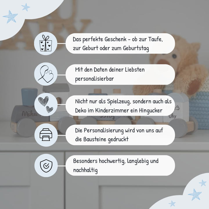KIDSLINO Holz Eisenbahn blau - personalisierbar, zur Geburt Jungen, Handmade Holzspielzeug mit Steck