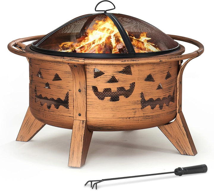 SUNJOY 76 cm Feuerstelle Outdoor Holzfeuerstelle Terrasse Jack-o-Lantern Motiv Runde Stahl Grosse Fe