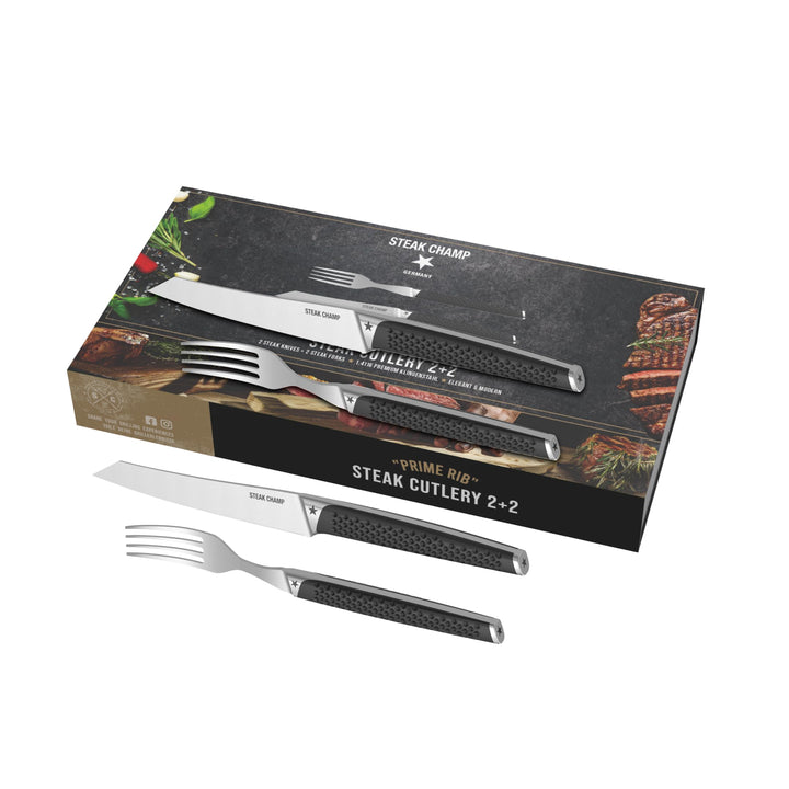 Steak Champ Steakbesteck Prime Rib: 2 Steakmesser & 2 Steakgabeln aus Klingenstahl, Rutschfeste Grif