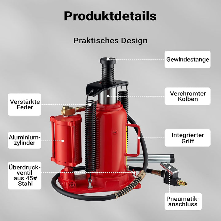 Hydraulischer Stempelwagenheber 20T, 260-510mm, pneumatisch & manuell, aus Stahl