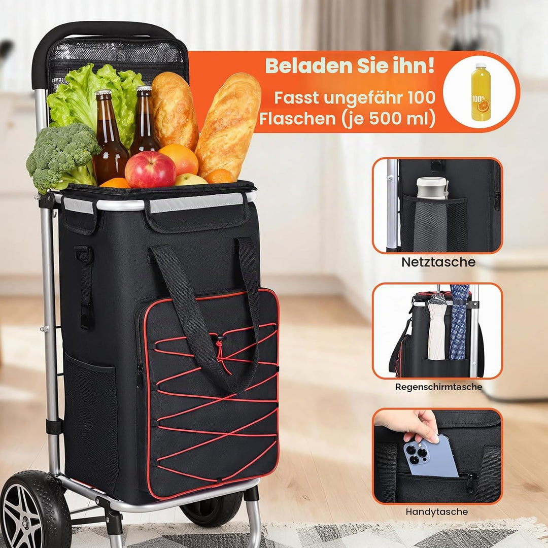YEAUPE PRO 3in1 Einkaufstrolley mit Kühlfach, 45L Einkaufsroller mit Abnehmbarer Tasche, Max. 25kg B