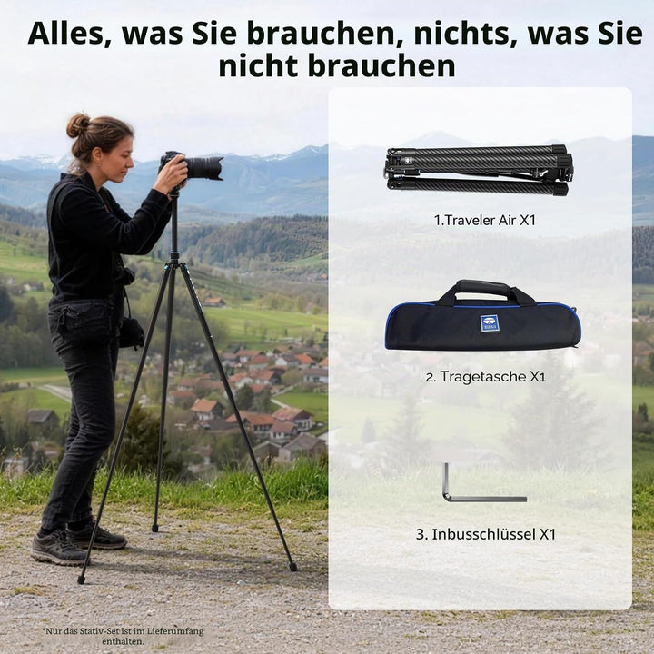 SIRUI Traveler Air Carbon-Kamerastativ mit KV-5 Neigerkopf, 1,33 kg Ultraleicht, 152 cm max. Höhe, 5