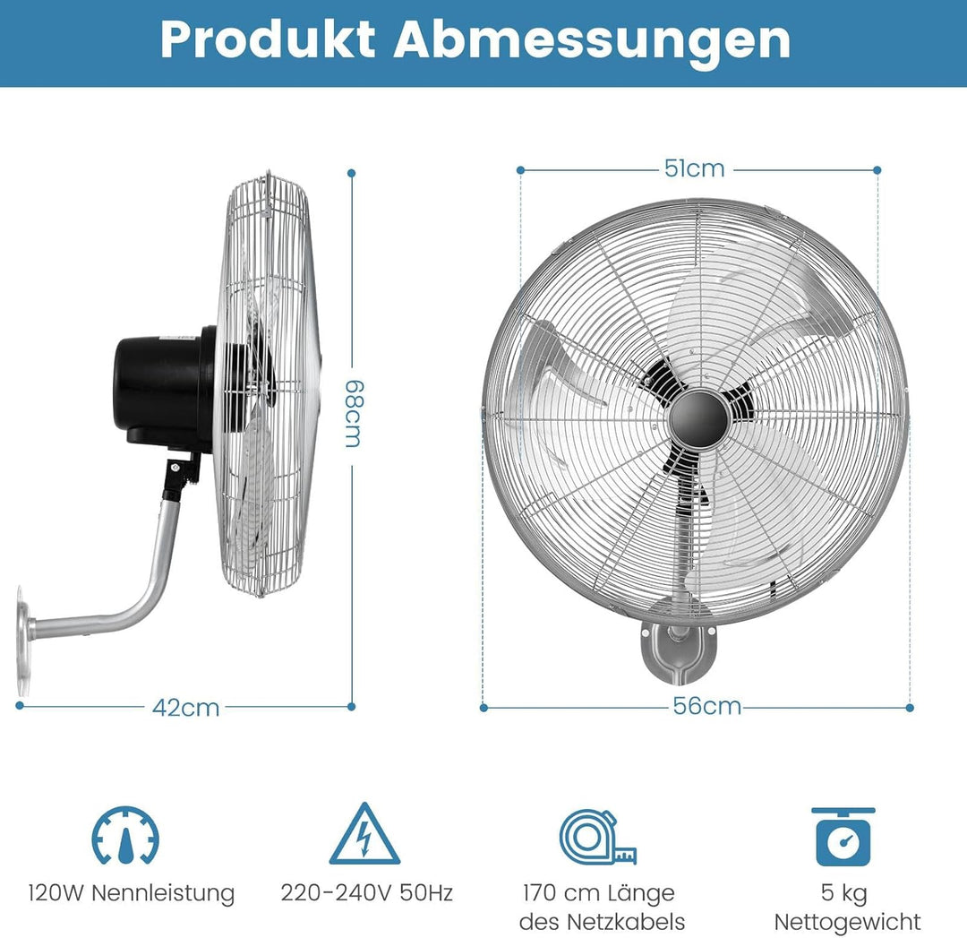 GOPLUS Wandventilator, 51cm oszillierender Ventilator, 85°Oszillation & 30°Neigung, 3 Geschwindigkei