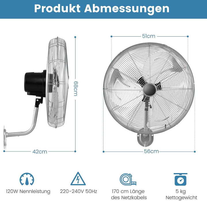 GOPLUS Wandventilator, 51cm oszillierender Ventilator, 85°Oszillation & 30°Neigung, 3 Geschwindigkei