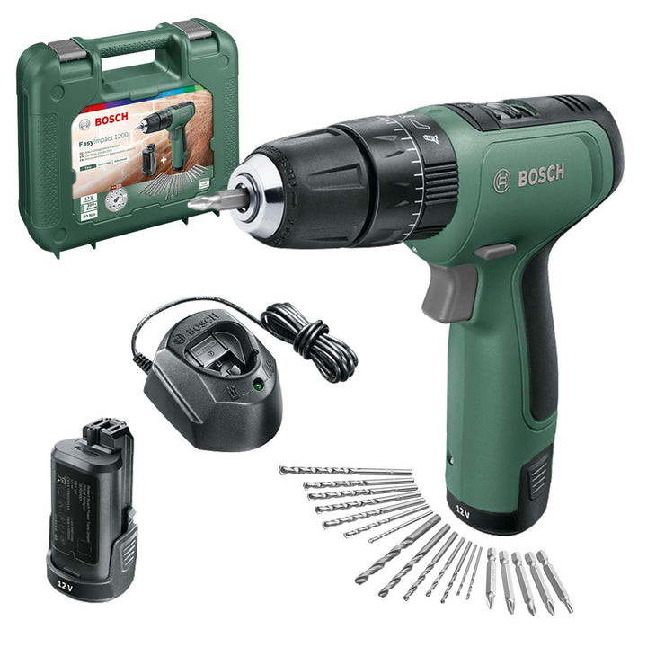 Bosch Akku Bohrschrauber EasyImpact 1200 (2x Akkus, 12 Volt System, 19tlg. Zubehör-Set, im Koffer) S