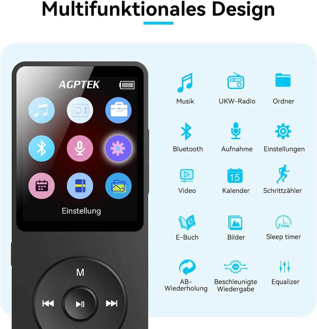 AGPTEK MP3 Player 32GB Bluetooth 5.0, 1.8 Zoll 70 Stunden Wiedergabezeit Digital Kinder MP3 Player m