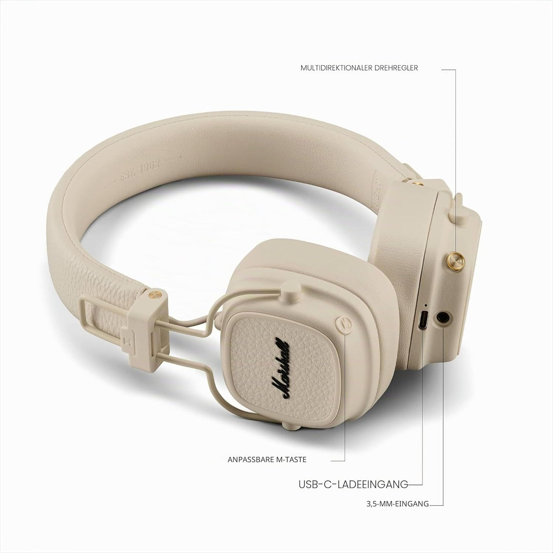 Marshall Major V Bluetooth Kopfhörer, 100 Stunden Spielzeit – Crème Creme Major V, Creme Major V