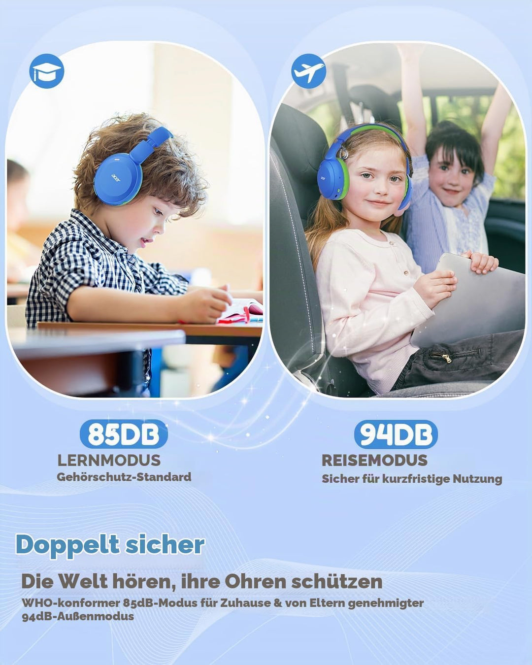 Acer Kinder Bluetooth Kopfhörer, 85/94dB Lautstärkebegrenzer, Faltbare Kabellose Over-Ear-Kopfhörer