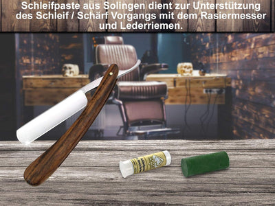 Rasiermesser Set mit Paste aus Solingen und Profi Streichriemen und Holzgriff Rasiermesser 5/8 Zoll