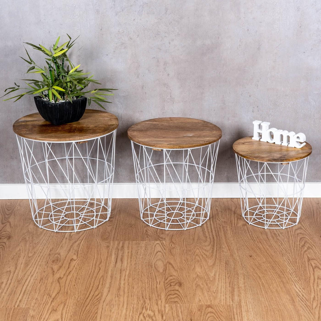 levandeo 3er Set Beistelltisch Metall Metallkorb Weiss Mango Couchtisch Holz Deckel Deko Aufbewahrun
