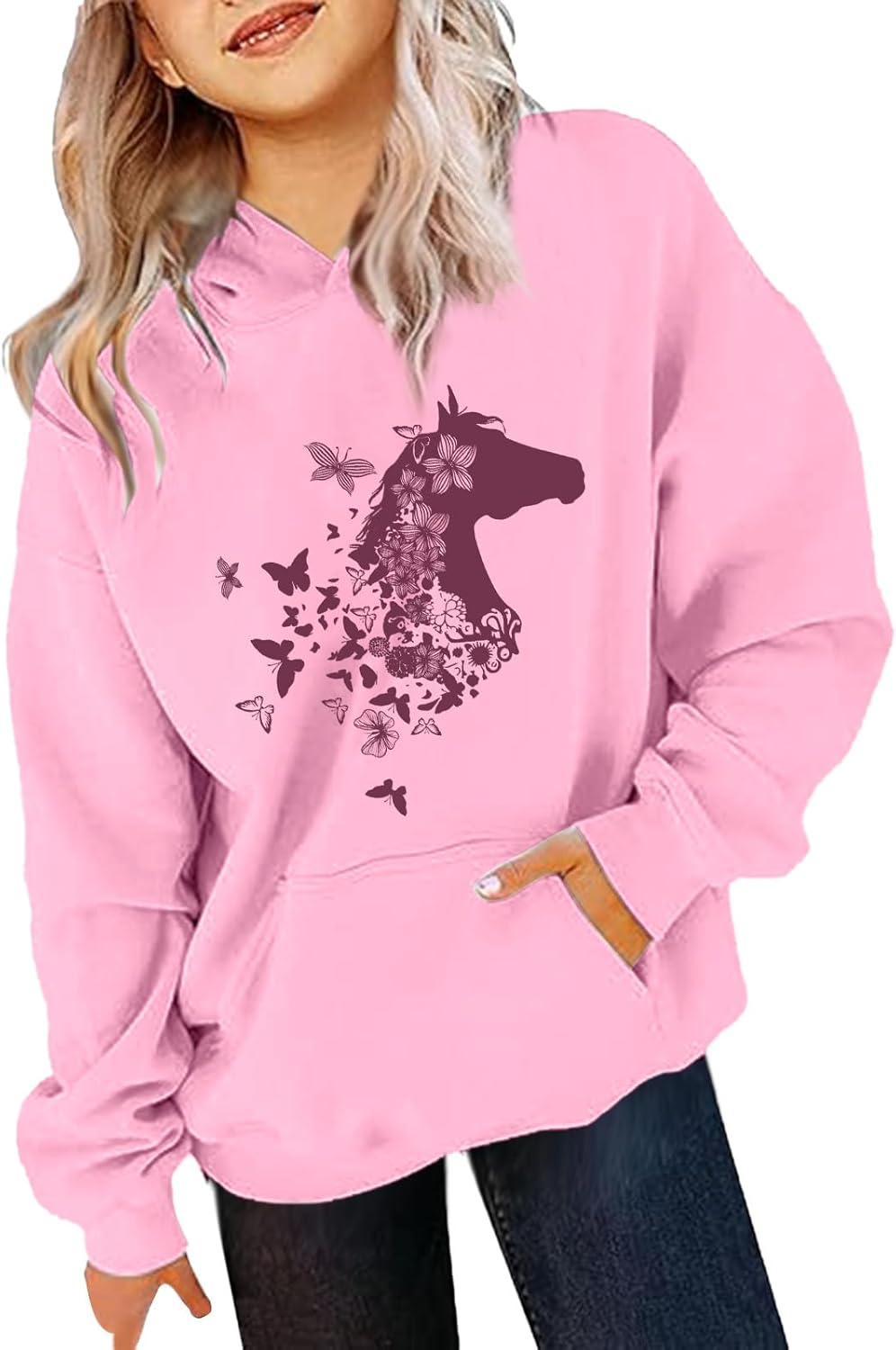 generisch Kapuzenpullover für Mädchen Langarm-Kapuzenpullover mit Pferde-Print für Kinder Rosa 10-11