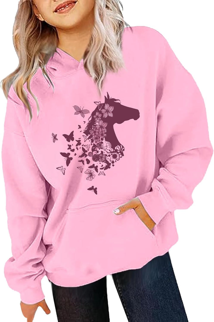 generisch Kapuzenpullover für Mädchen Langarm-Kapuzenpullover mit Pferde-Print für Kinder Rosa 10-11