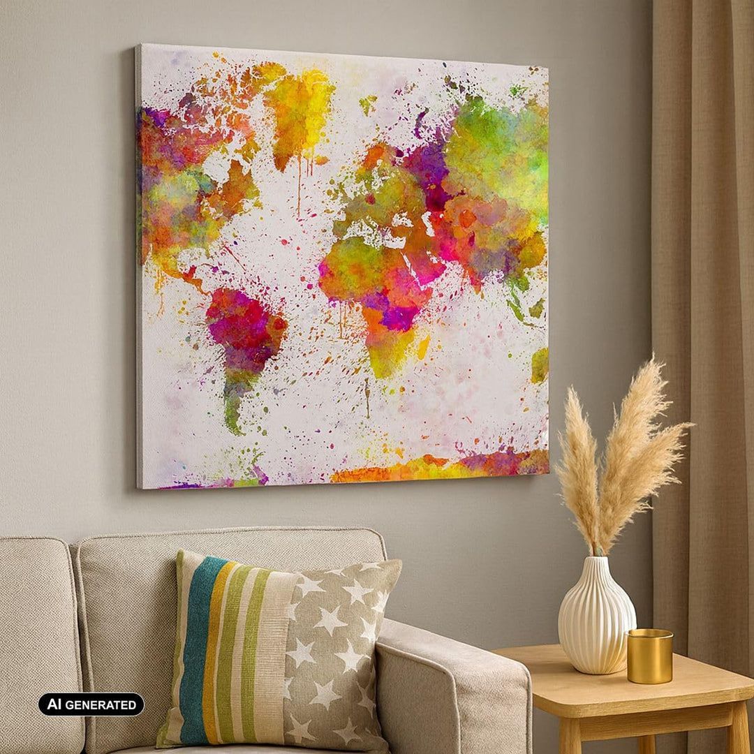 Bilder auf Leinwand Karte Welt modern Leinwandbild mit Rahmen 60x60cm Wandbilder Dekoration Wohnzimm