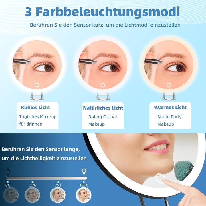 10x Vergrösserungsspiegel mit Licht 10fach, 15cm gross, 3 Farben, dimmbar, beleuchtet, 10x Reiseverg