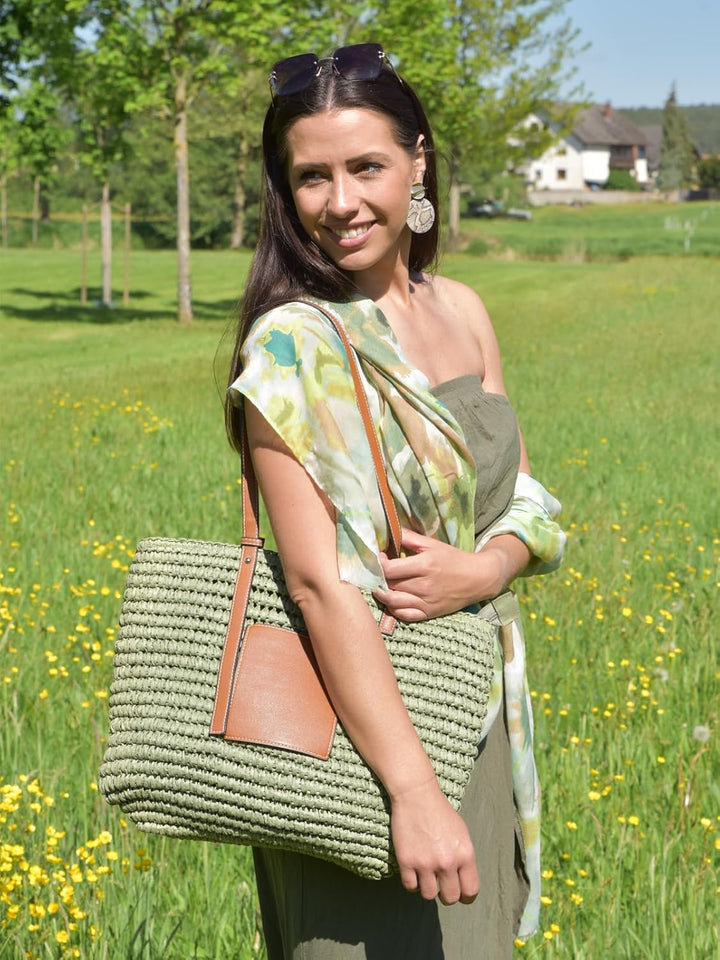styleBREAKER Damen Korbflecht Schultertasche aus Papierstroh, Strandtasche mit langen Henkeln, Flech