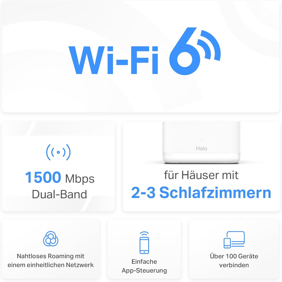 Mercusys Halo H1500X Wi-Fi 6 Mesh WLAN Set (2er Pack), AX1500 Dual Band Router & Repeater, Gigabit-P