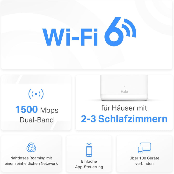 Mercusys Halo H1500X Wi-Fi 6 Mesh WLAN Set (2er Pack), AX1500 Dual Band Router & Repeater, Gigabit-P